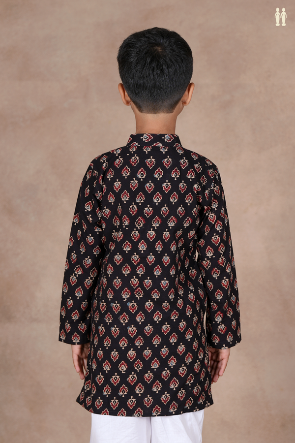 Chinese Collar Printed Design Black Cotton Long Kurta