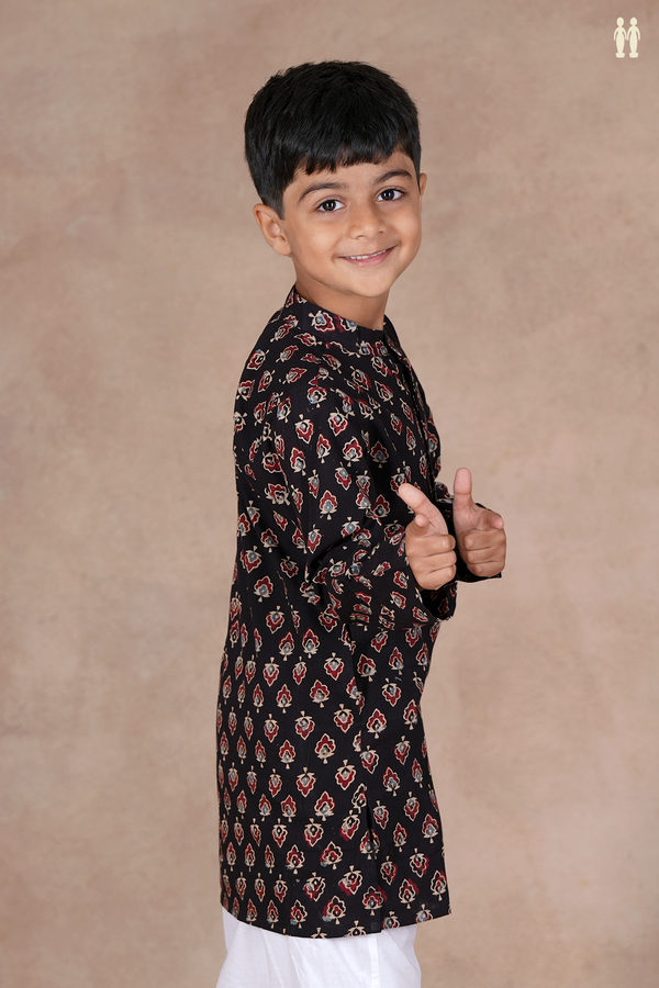 Chinese Collar Printed Design Black Cotton Long Kurta