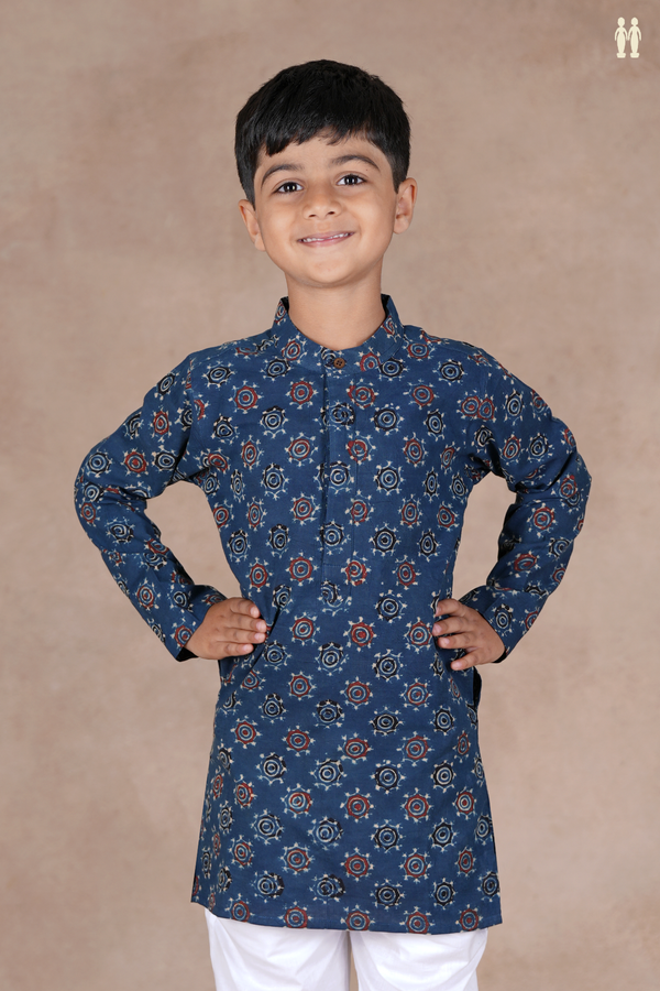 Chinese Collar Printed Design Blue Cotton Long Kurta