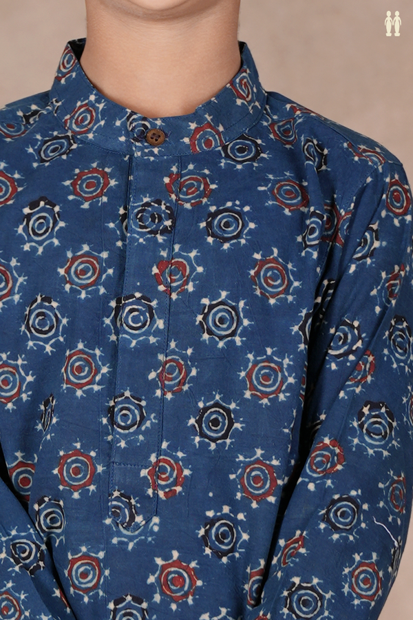 Chinese Collar Printed Design Blue Cotton Long Kurta