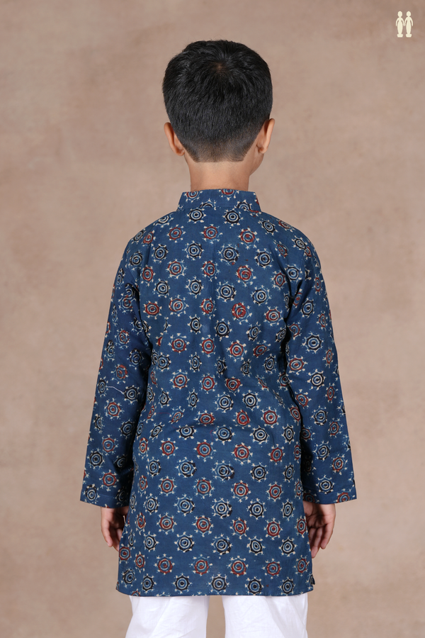 Chinese Collar Printed Design Blue Cotton Long Kurta
