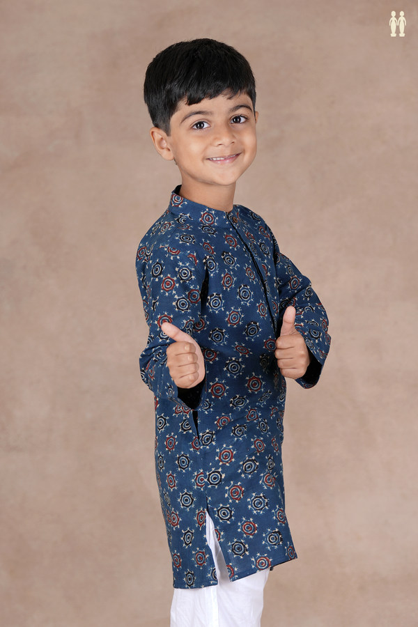 Chinese Collar Printed Design Blue Cotton Long Kurta
