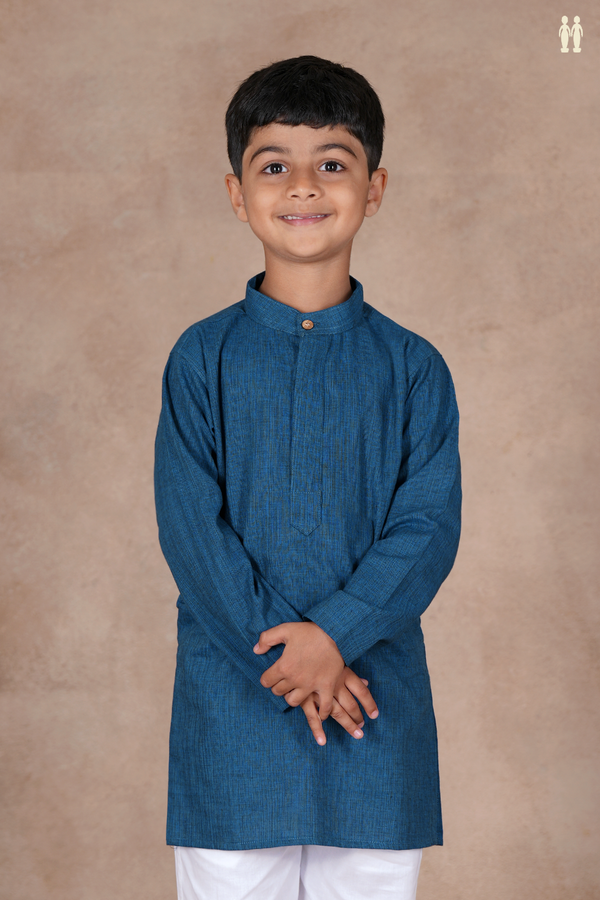 Chinese Collar Plain Blue Cotton Long Kurta