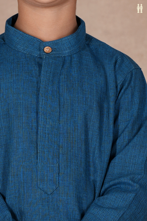 Chinese Collar Plain Blue Cotton Long Kurta