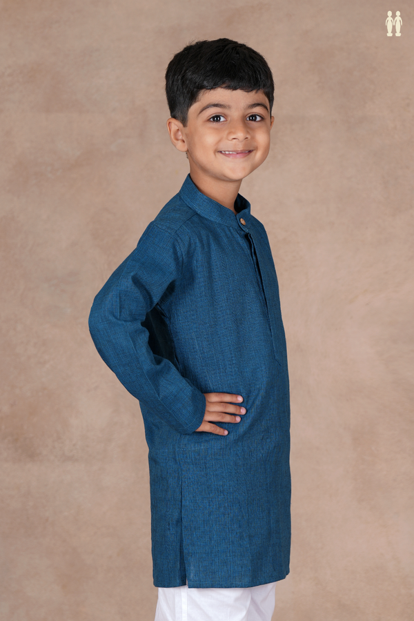 Chinese Collar Plain Blue Cotton Long Kurta