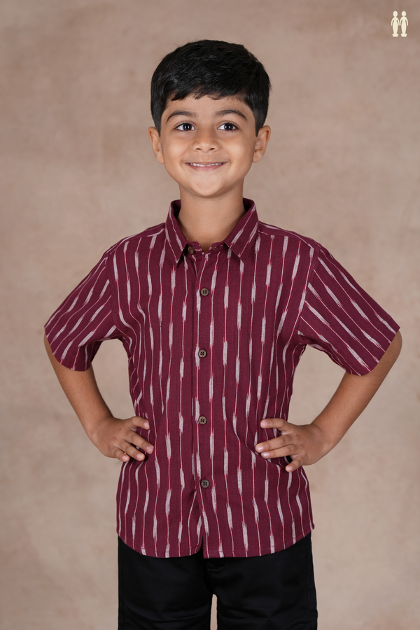 Regular Collar Ikat Design Maroon Cotton Shirt