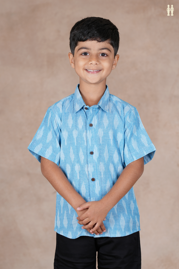 Regular Collar Ikat Design Light Blue Cotton Shirt
