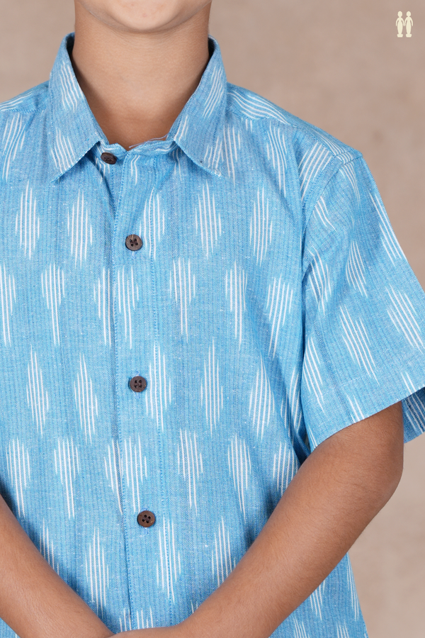 Regular Collar Ikat Design Light Blue Cotton Shirt