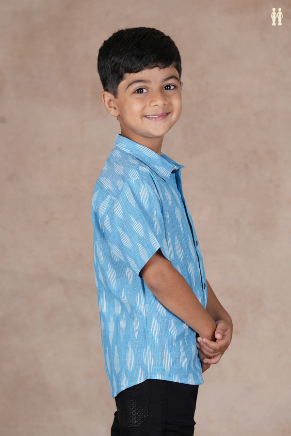 Regular Collar Ikat Design Light Blue Cotton Shirt