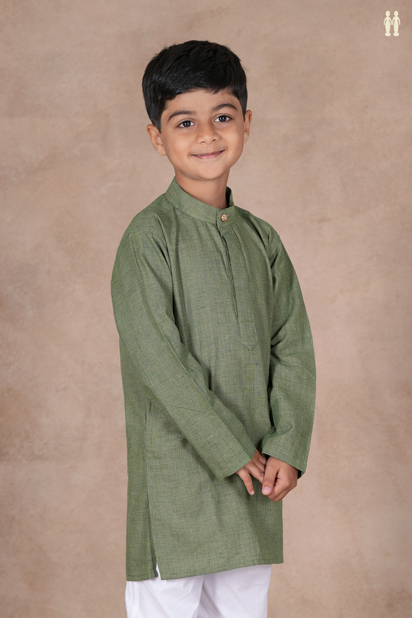 Chinese Collar Plain Dusty Green Cotton Long Kurta
