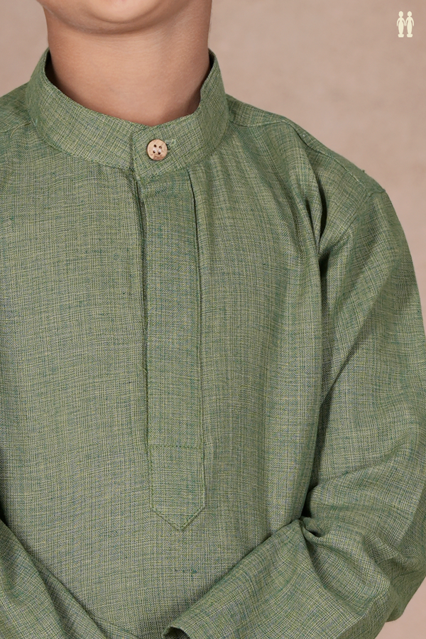Chinese Collar Plain Dusty Green Cotton Long Kurta