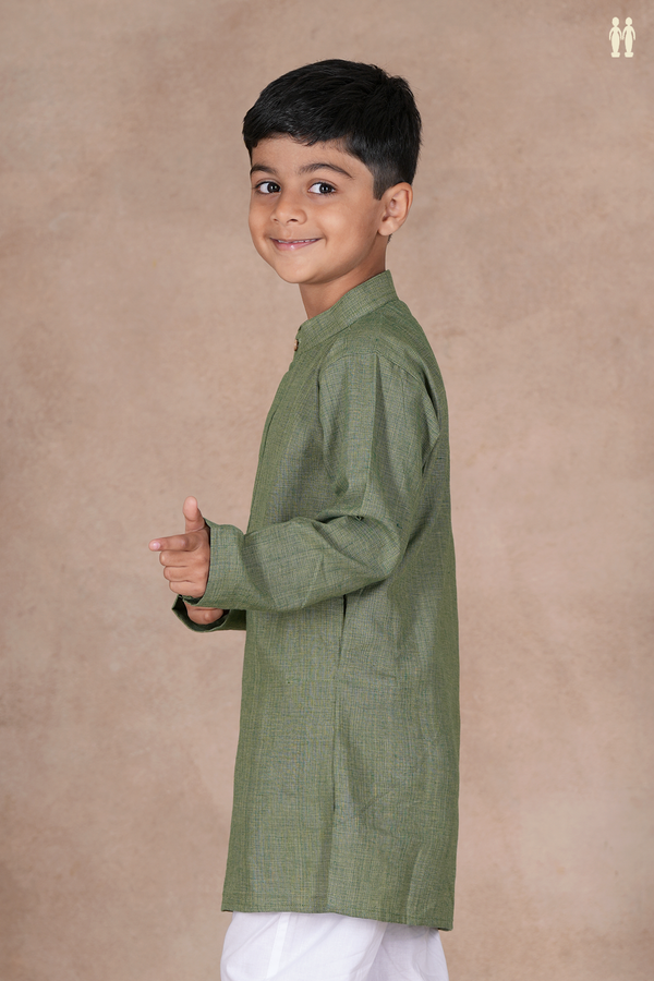Chinese Collar Plain Dusty Green Cotton Long Kurta