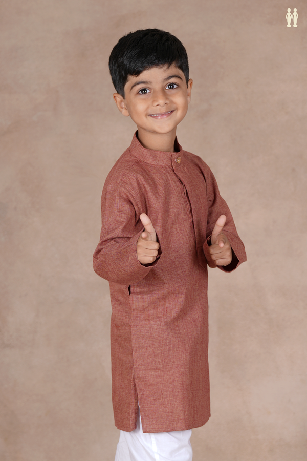 Chinese Collar Plain Brick Brown Cotton Long Kurta