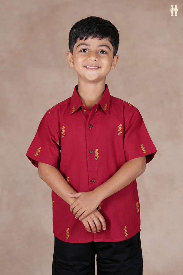 Regular Collar Threadwork Buttas Crimson Red Cotton Shirt