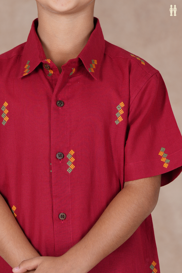 Regular Collar Threadwork Buttas Crimson Red Cotton Shirt