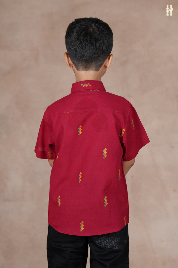 Regular Collar Threadwork Buttas Crimson Red Cotton Shirt
