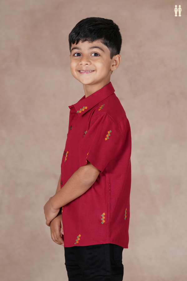 Regular Collar Threadwork Buttas Crimson Red Cotton Shirt