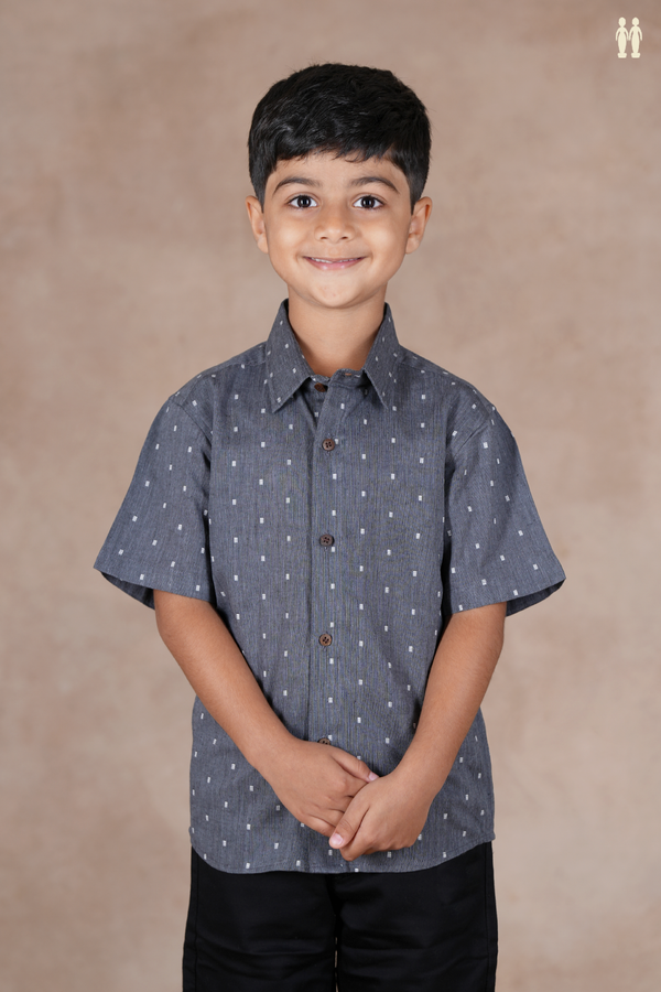Regular Collar Threadwork Buttis Grey Cotton Shirt