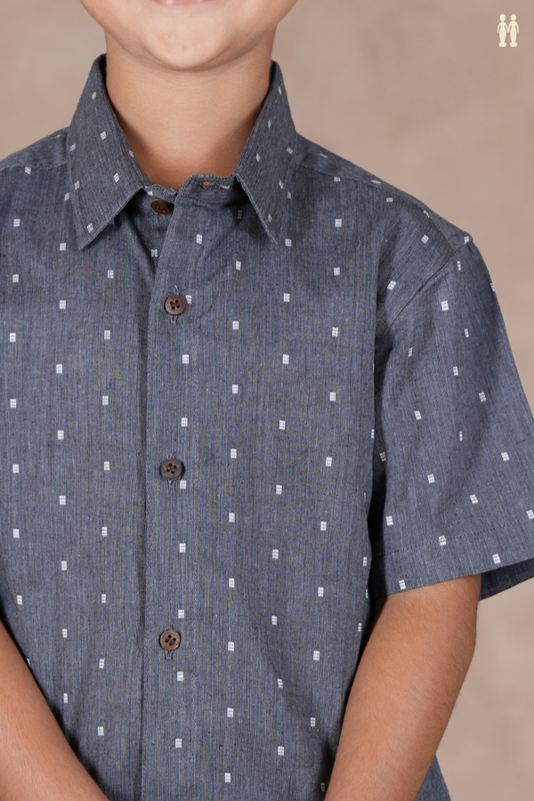 Regular Collar Threadwork Buttis Grey Cotton Shirt