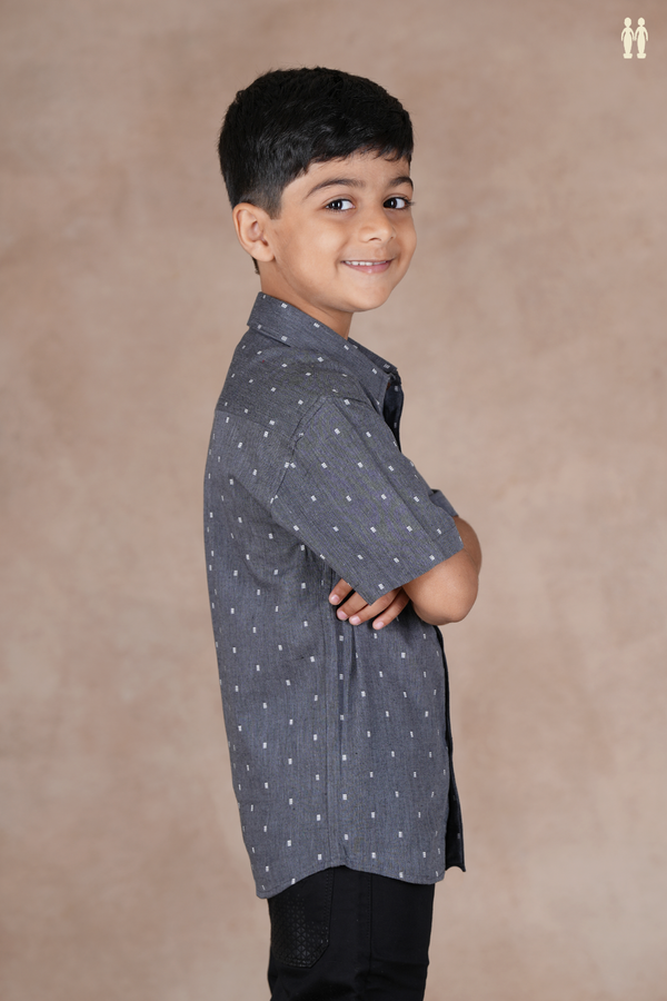 Regular Collar Threadwork Buttis Grey Cotton Shirt