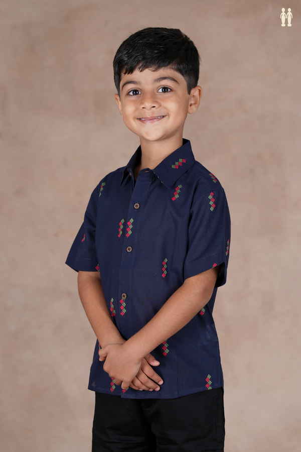 Regular Collar Threadwork Buttas Navy Blue Cotton Shirt