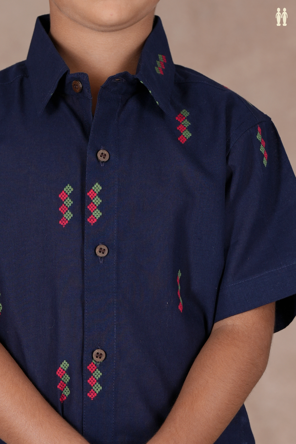 Regular Collar Threadwork Buttas Navy Blue Cotton Shirt