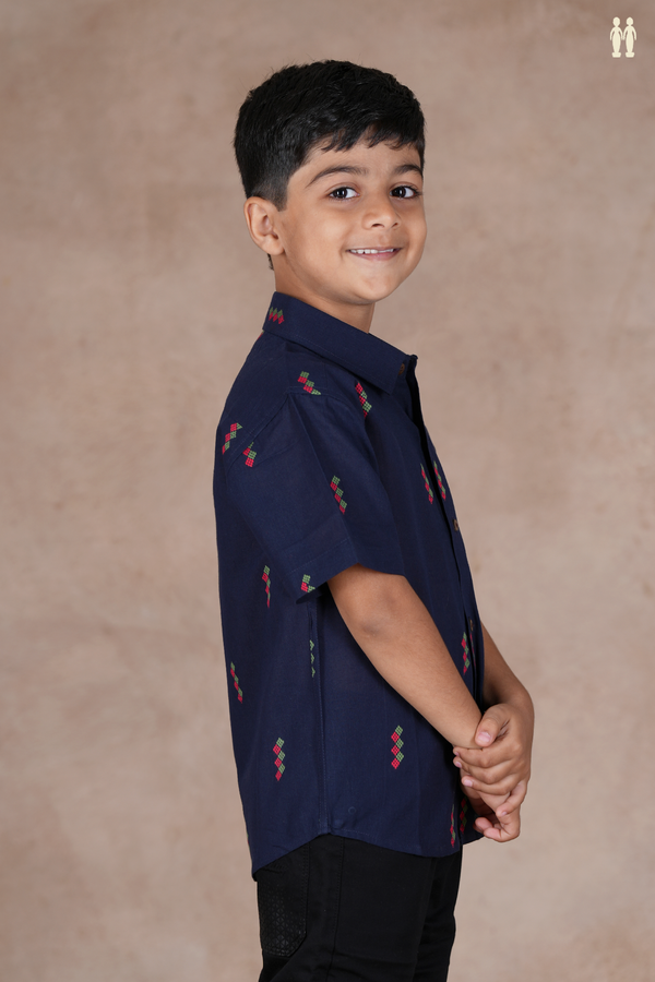 Regular Collar Threadwork Buttas Navy Blue Cotton Shirt