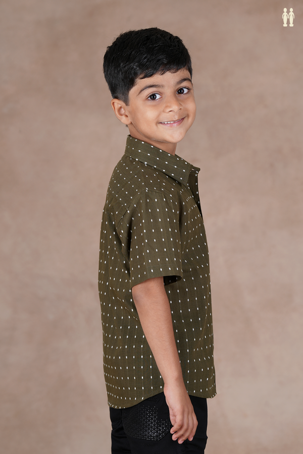 Regular Collar Threadwork Buttis Olive Green Cotton Shirt