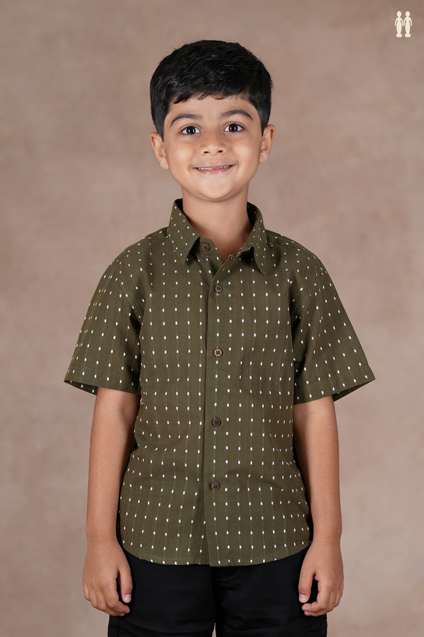 Regular Collar Threadwork Buttis Olive Green Cotton Shirt