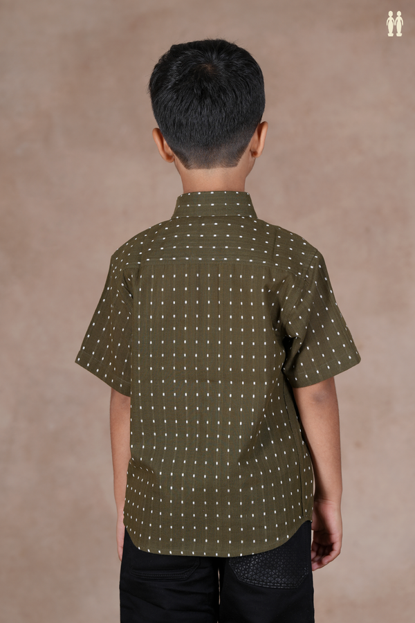 Regular Collar Threadwork Buttis Olive Green Cotton Shirt