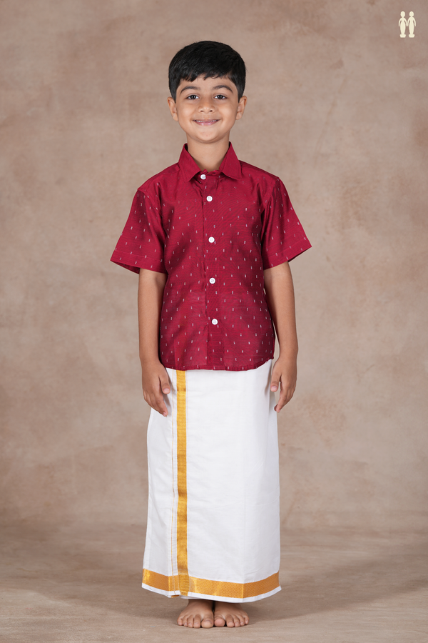 Regular Collar Zari Buttis Burgundy Red Raw Silk Shirt