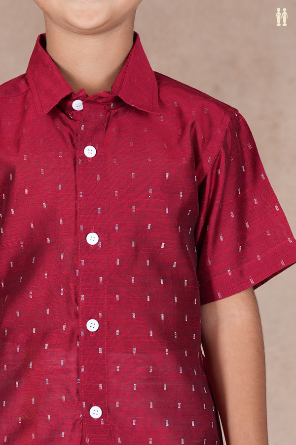 Regular Collar Zari Buttis Burgundy Red Raw Silk Shirt