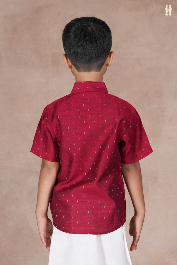 Regular Collar Zari Buttis Burgundy Red Raw Silk Shirt