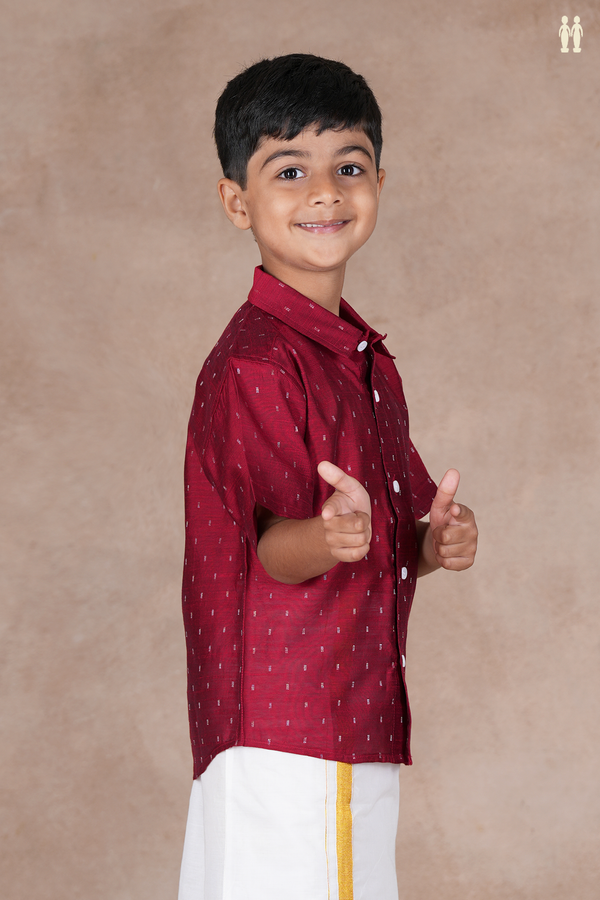 Regular Collar Zari Buttis Burgundy Red Raw Silk Shirt