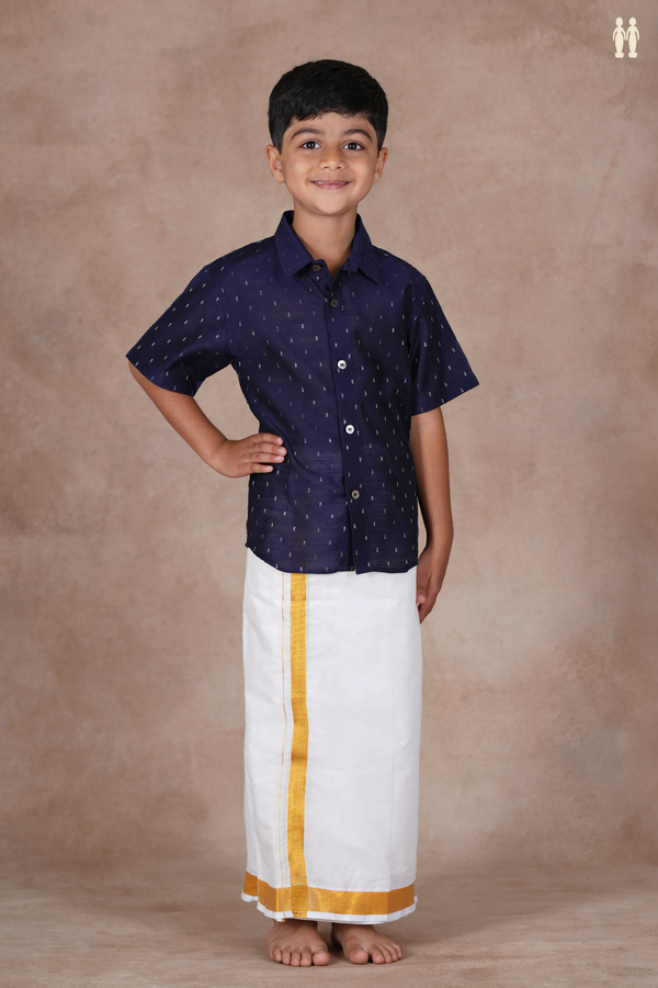 Regular Collar Zari Buttis Navy Blue Raw Silk Shirt