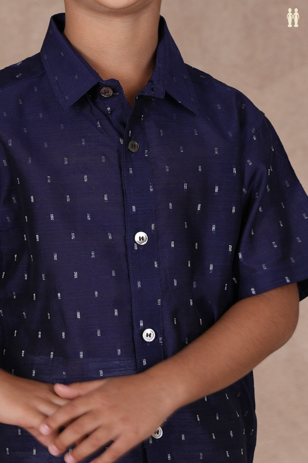 Regular Collar Zari Buttis Navy Blue Raw Silk Shirt