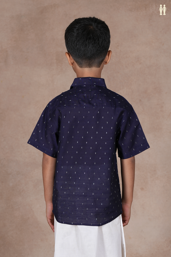 Regular Collar Zari Buttis Navy Blue Raw Silk Shirt