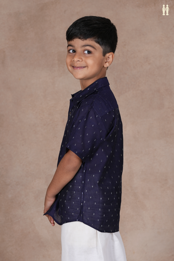 Regular Collar Zari Buttis Navy Blue Raw Silk Shirt
