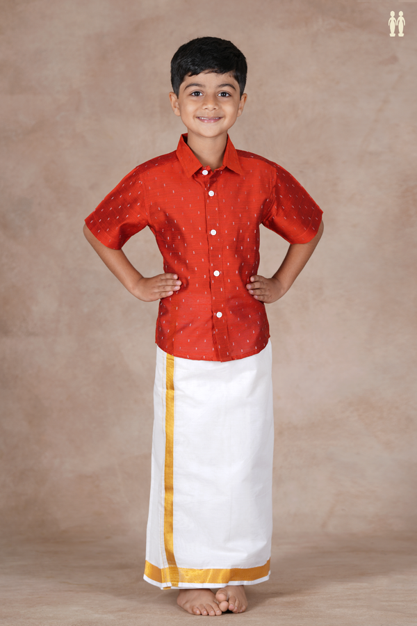Regular Collar Zari Buttis Vermillion Red Raw Silk Shirt