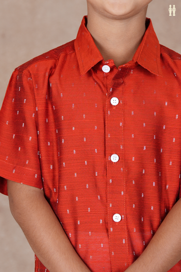 Regular Collar Zari Buttis Vermillion Red Raw Silk Shirt