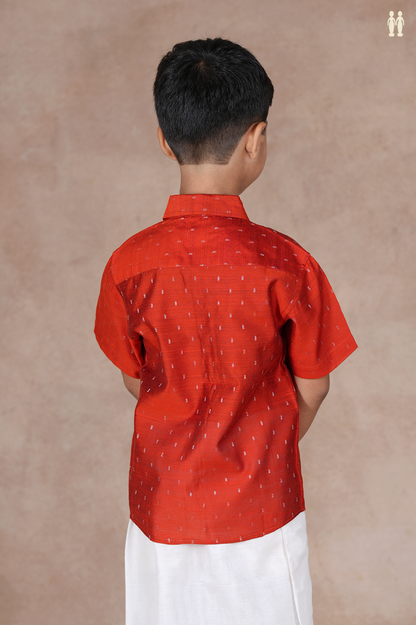 Regular Collar Zari Buttis Vermillion Red Raw Silk Shirt