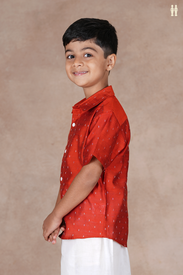 Regular Collar Zari Buttis Vermillion Red Raw Silk Shirt