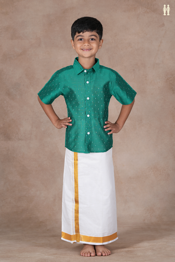 Regular Collar Zari Buttis Teal Green Raw Silk Shirt
