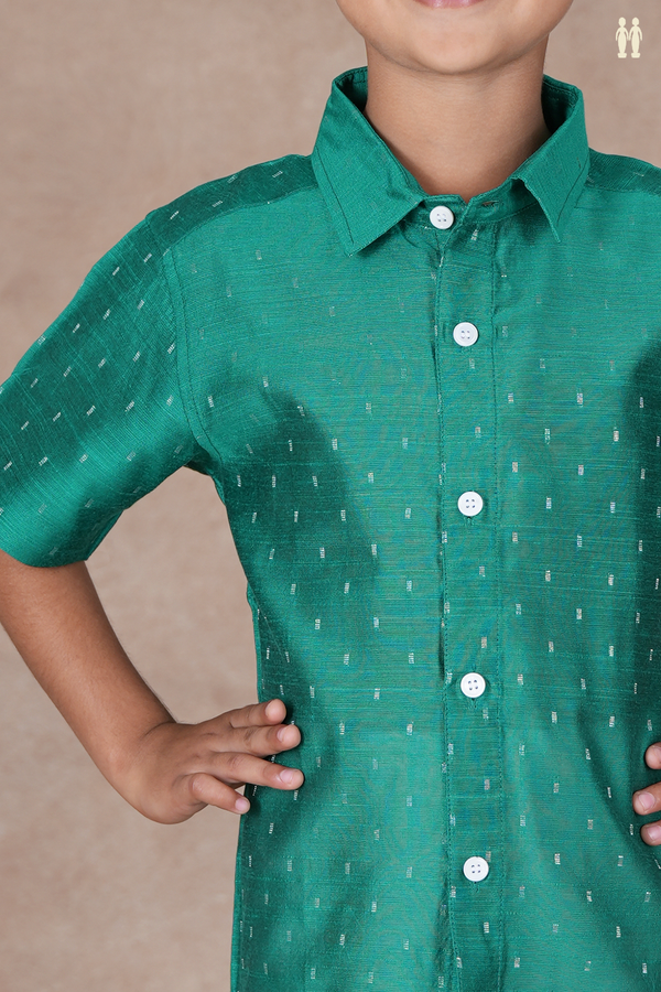 Regular Collar Zari Buttis Teal Green Raw Silk Shirt