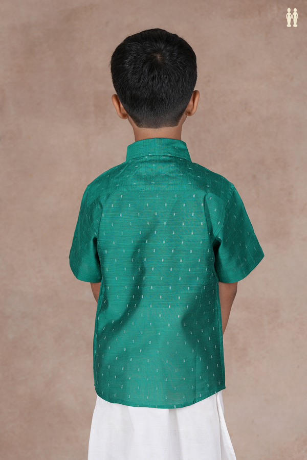 Regular Collar Zari Buttis Teal Green Raw Silk Shirt
