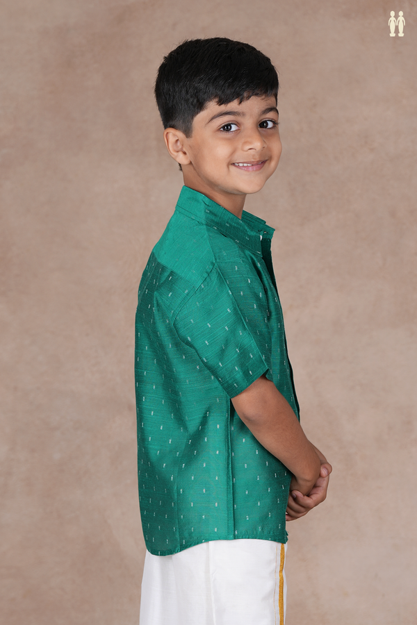 Regular Collar Zari Buttis Teal Green Raw Silk Shirt