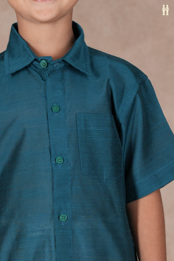 Regular Collar Plain Pine Green Raw Silk Shirt