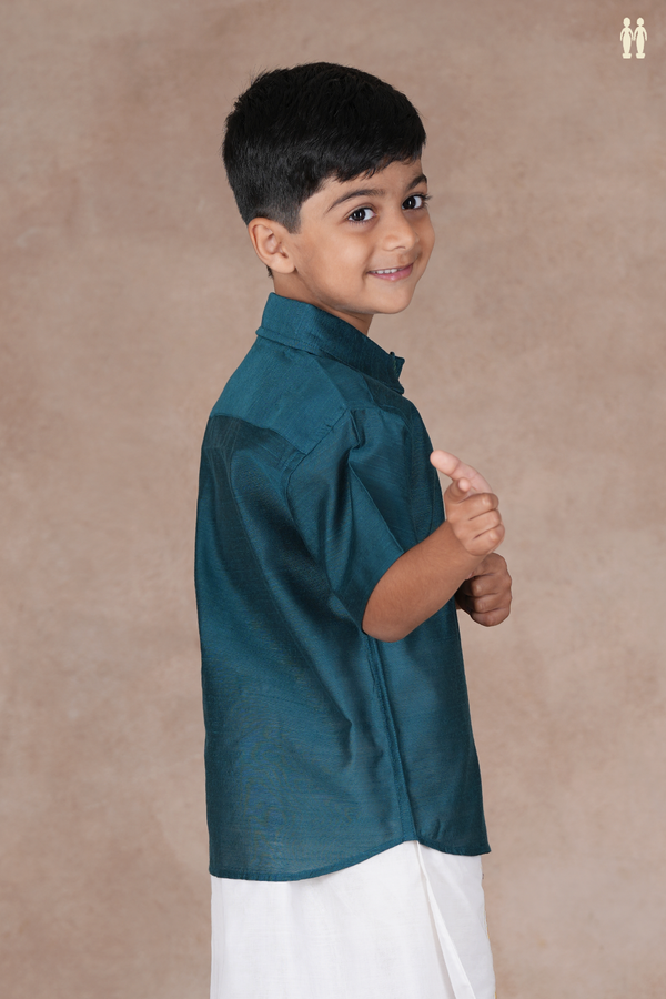 Regular Collar Plain Pine Green Raw Silk Shirt