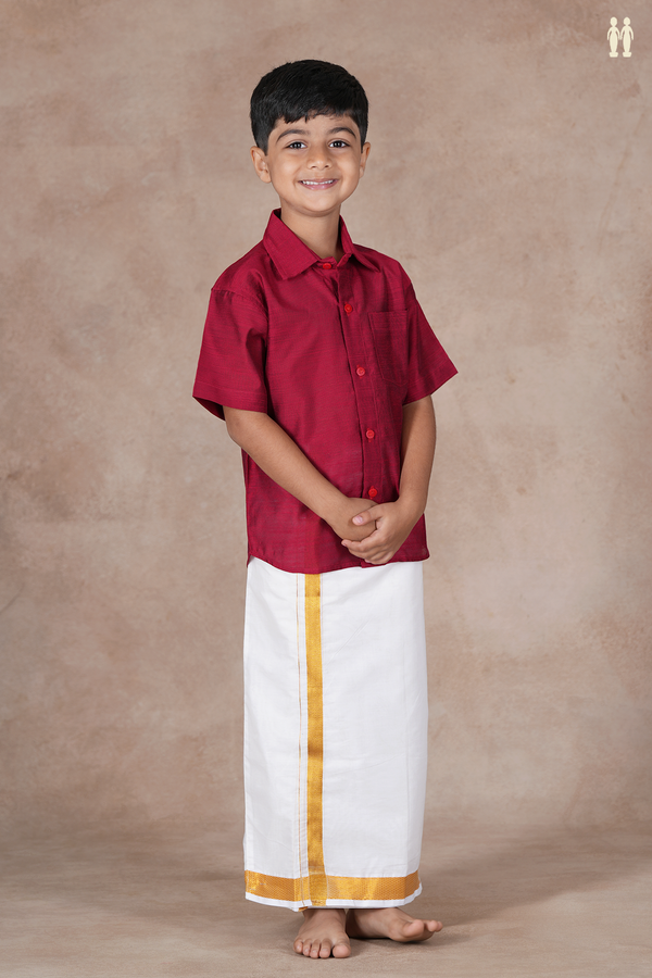 Regular Collar Plain Burgundy Red Raw Silk Shirt