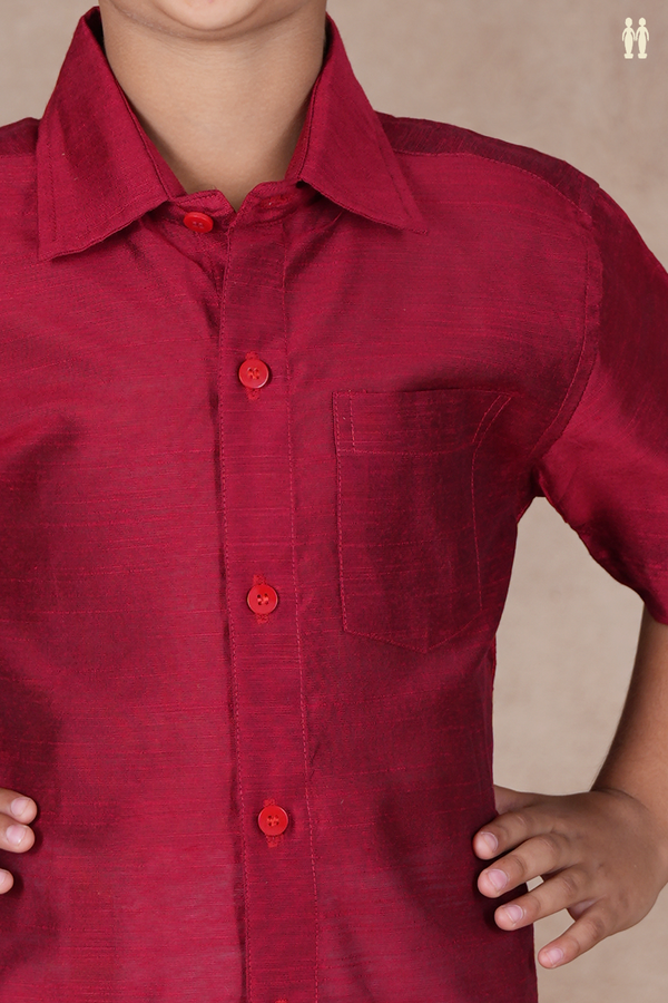 Regular Collar Plain Burgundy Red Raw Silk Shirt